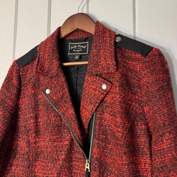 Lucky Brand red and black tweed moto jacket asymmetrical zip closure.‎ Size L - Picture 3 of 16